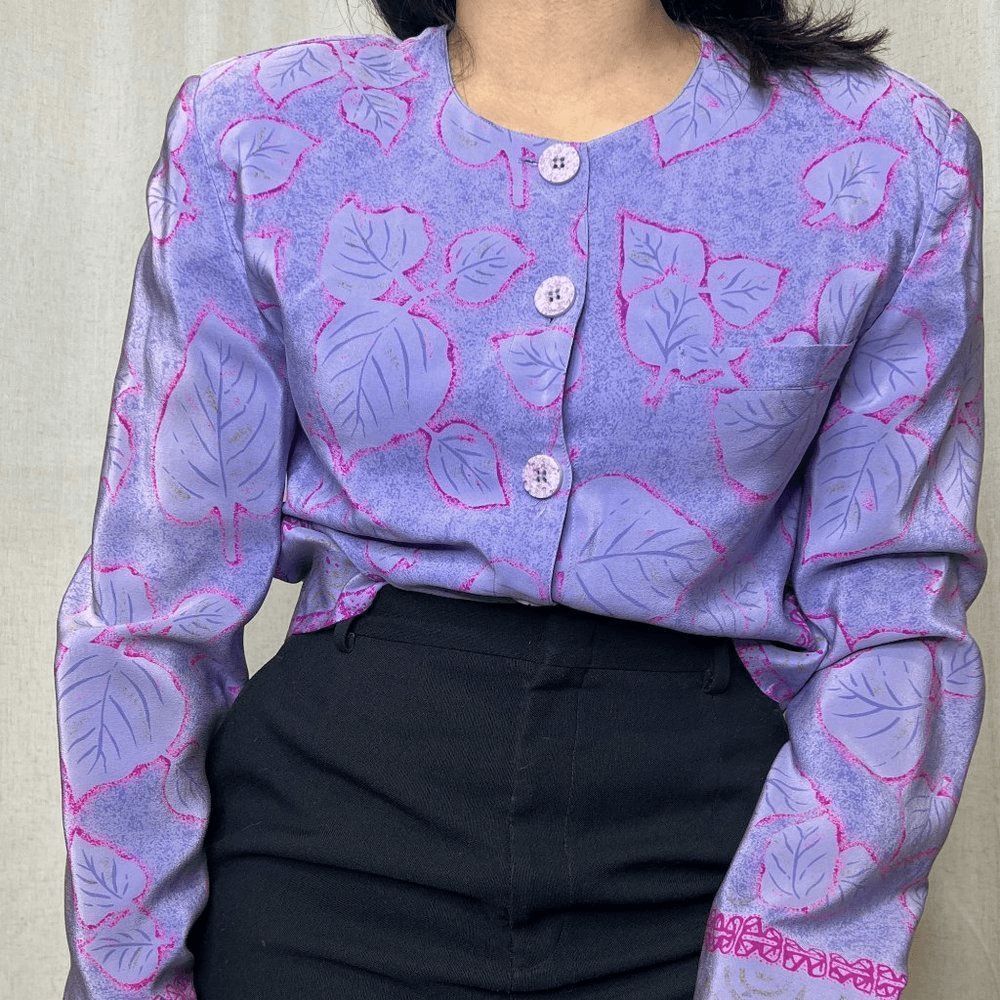 vtg 90s Diane Gilman silk‎ jacket shirt purple pink leaf retro long sleeve small